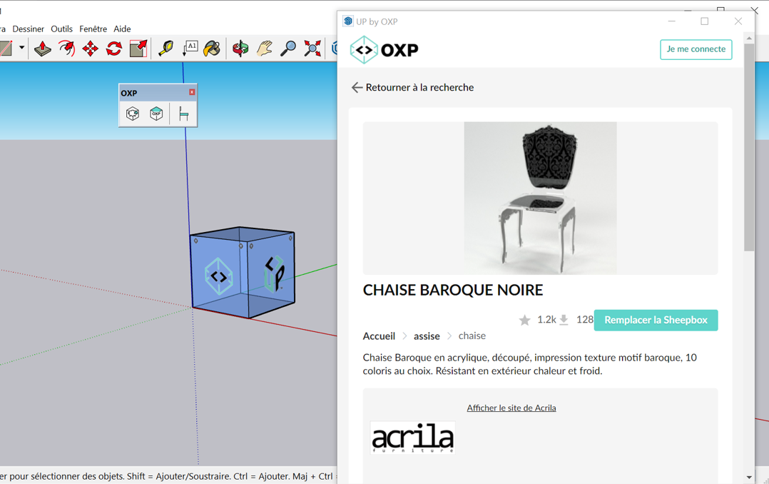 capture d'écran de l'extension UP by OXP dans le logiciel ScketchUp